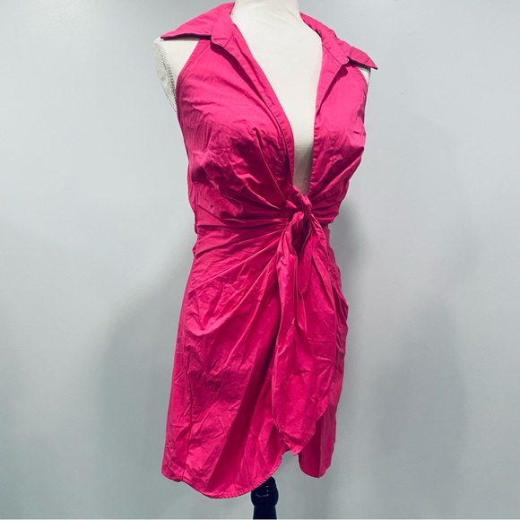 HERS & MINE S Hot Pink Halter Tie Front Backless Mini Dress Coquette Barbiecore - Picture 6 of 16